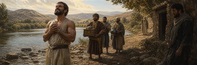 Naaman rejoicing after washing in the Jordan while attendants hold gifts and Gehazi watches